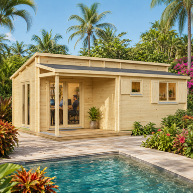 Pamplona 70 Multi-Room Freedom House configured as a sunny professional home office beside a pool in a lush South Florida tropical garden.