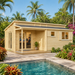 Pamplona 70 Multi-Room Freedom House configured as a sunny professional home office beside a pool in a lush South Florida tropical garden.