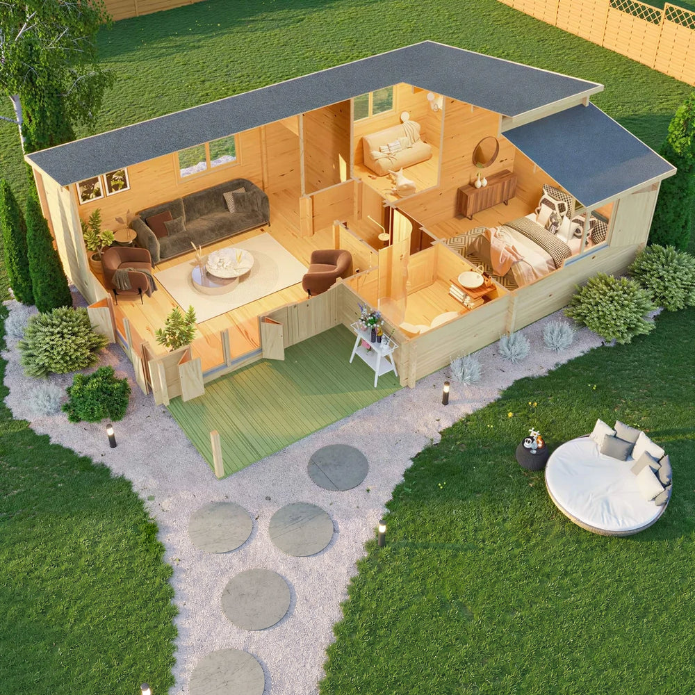 Top-down view reveals the detailed interior layout with a bedroom, living space, and bathroom of the GardenHouse24 USA Pamplona 70 Garden Room

