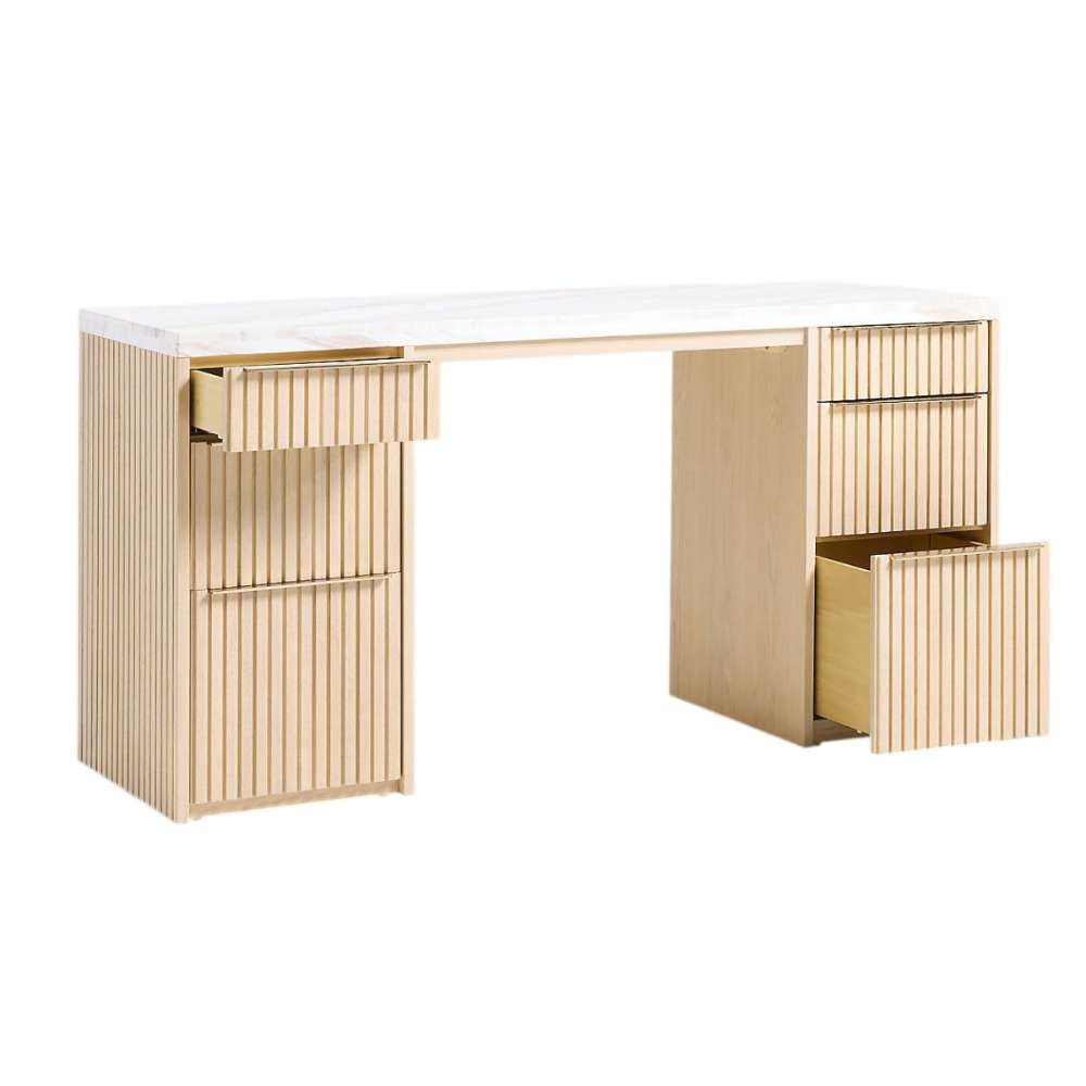 Partially open drawers reveal storage space inside Crate & Barrel Batten 62" White Oak Wood Console Desk with White Marble Top