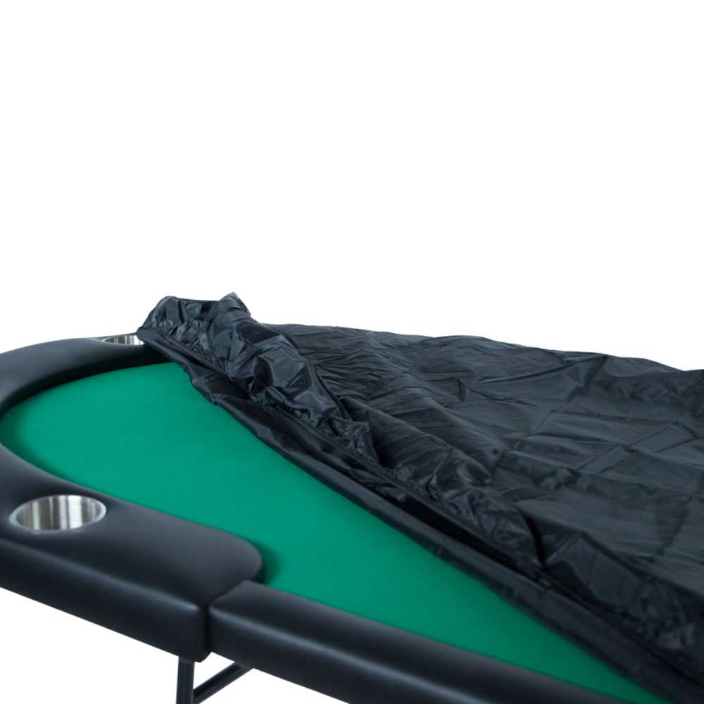 Partially folded back, the BBO Poker Tables Nylon Soft Cover for UPT, Aces Pro, Rockwell, Elite reveals a green poker table surface with cup holders