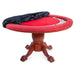 Partially removed, the BBO Poker Tables Nylon Soft Cover [Nighthawk] reveals a vibrant red poker table with a classic wooden pedestal base