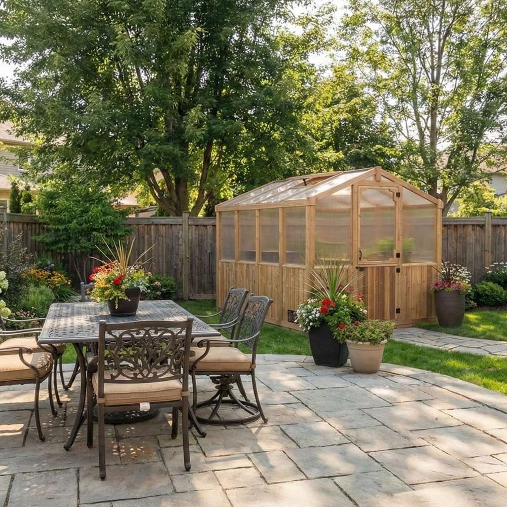 Patio dining area beside the 8x8 Outdoor Living Today Western Red Cedar Greenhouse Kit highlights a cozy outdoor setup