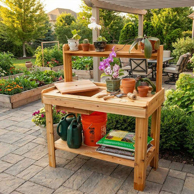 Patio scene shows a potting bench with buckets, soil bags, and tools, with Outdoor Living Today 4×2 Western Red Cedar Potting Bench at the center