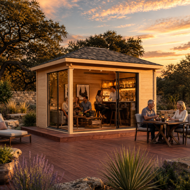 Pavilion ALU 44B Freedom Room transformed into a backyard bar for an afternoon gathering with friends and family.