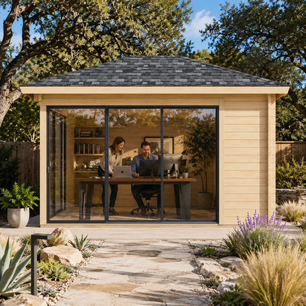 Pavilion ALU 44B Freedom Room styled as a bright daytime home office with modern furnishings and a comfortable workspace.