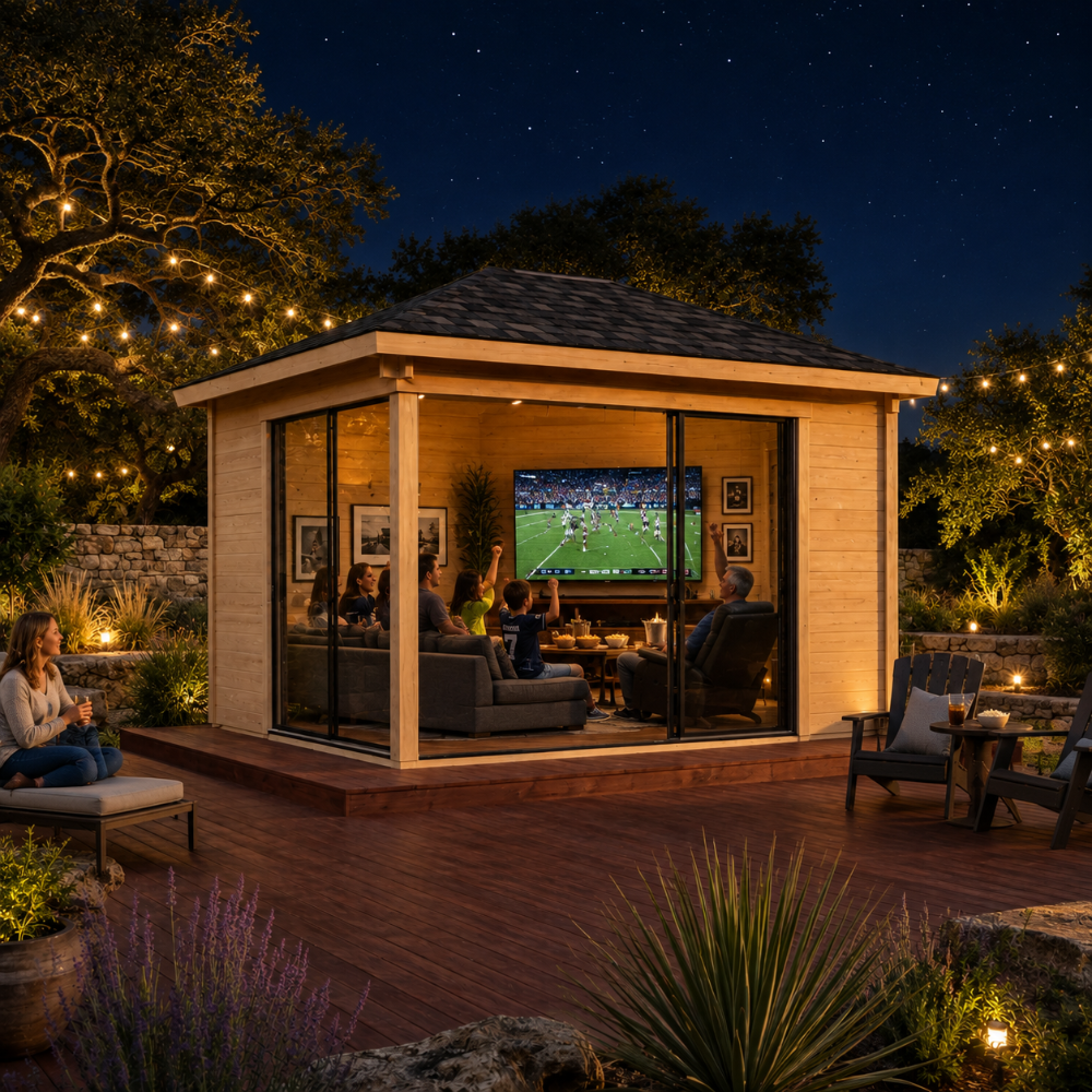 Pavilion ALU 44B Freedom Room furnished for a bright evening sports and movie night with friends and family.