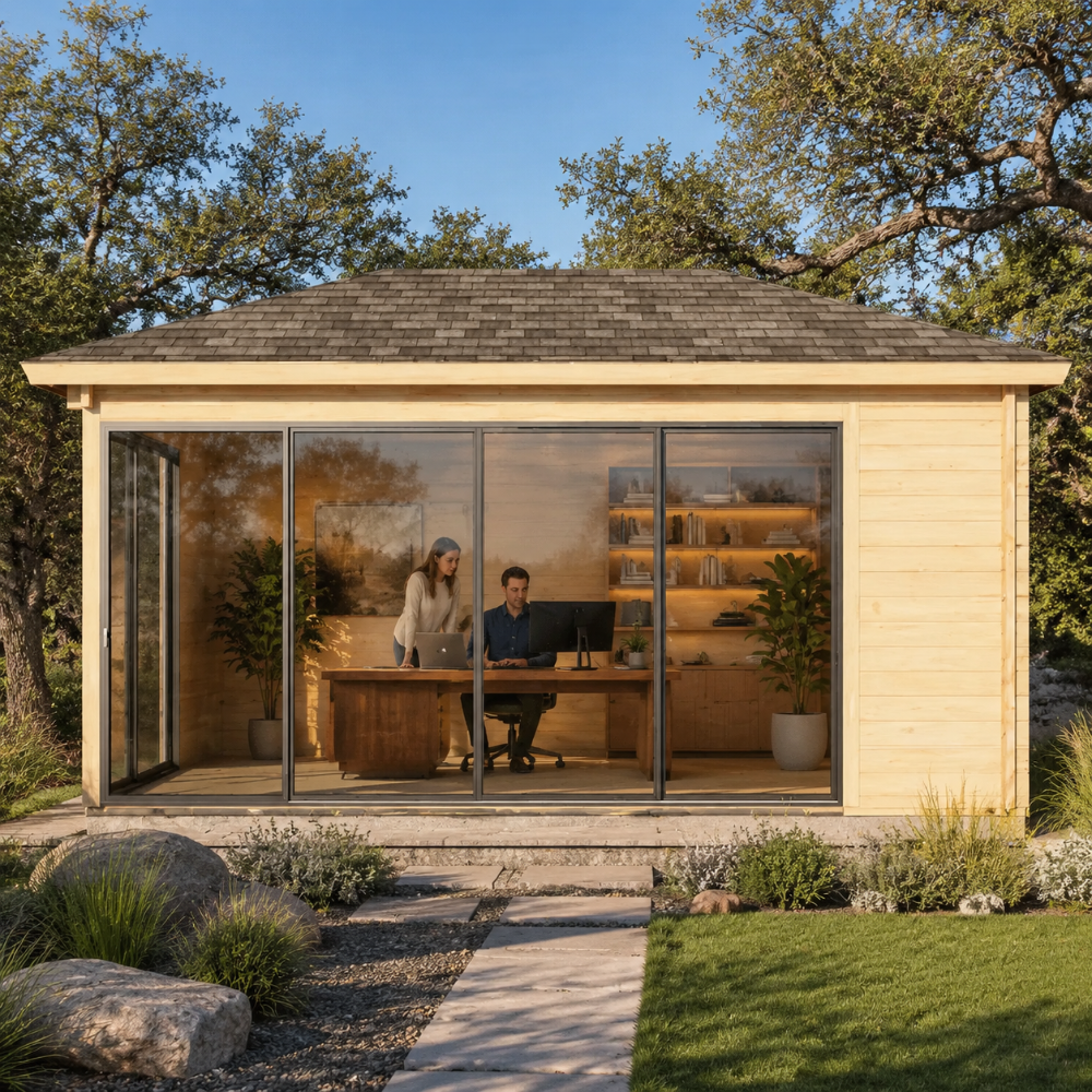 Pavilion ALU 44C Freedom Room designed as a bright daytime home office with modern furniture and a functional workspace.