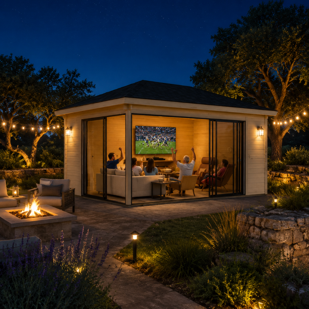 Pavilion ALU 44C Freedom Room set up for a bright evening sports and movie night with friends and family.