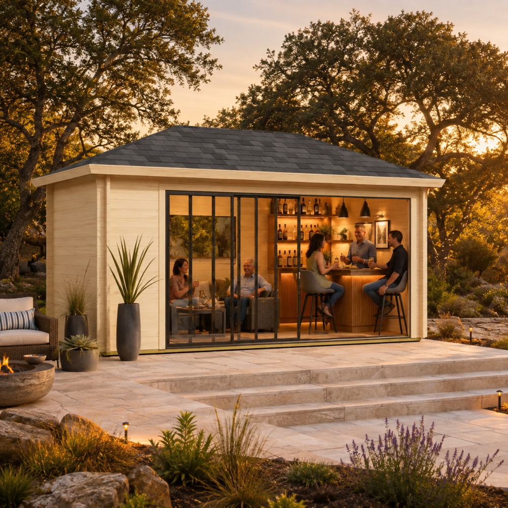 Pavilion ALU 44D Freedom Room transformed into a backyard bar for an afternoon gathering with friends and family.