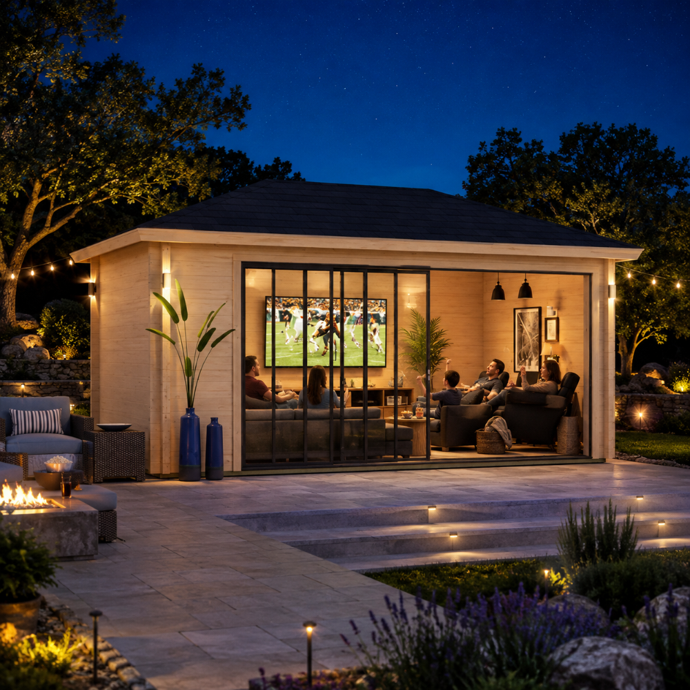 Pavilion ALU 44D Freedom Room furnished for a bright evening sports and movie night with friends and family.