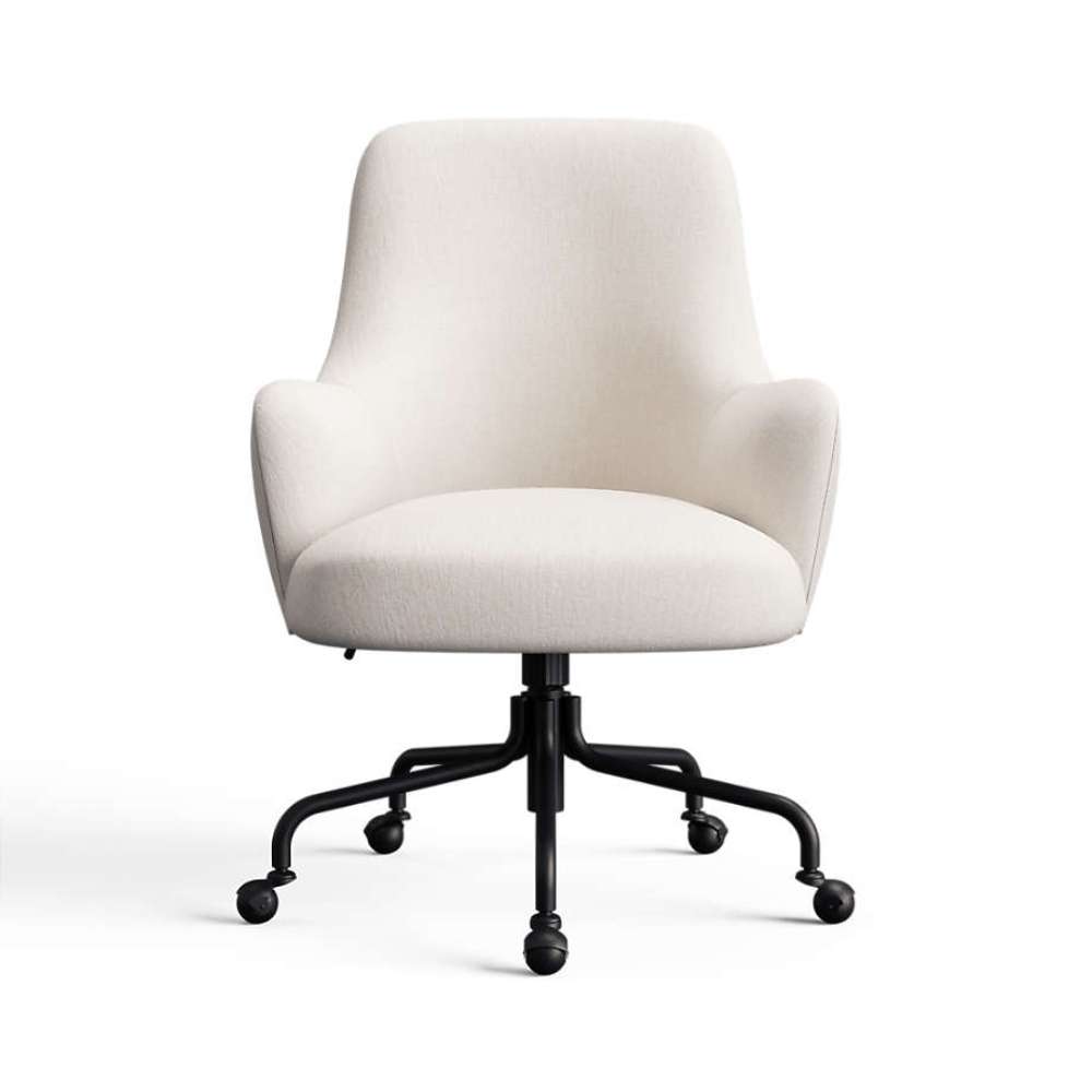 Pearl Icon Chenille Crate & Barrel Bellevue Upholstered Office Chair in pearl white chenille with a cushioned seat and black caster base