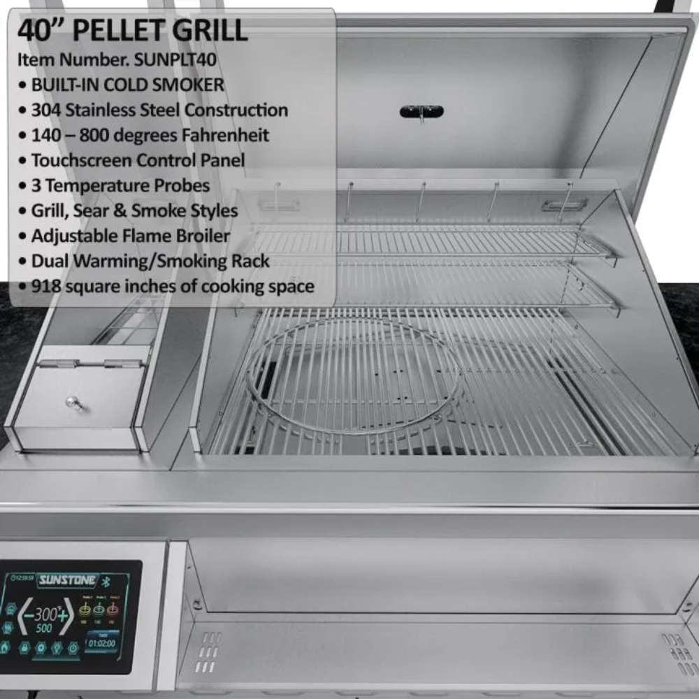 Pellet grill interior with labeled features on the Sunstone Cypress 11.6FT Outdoor Cabinet large Island Package