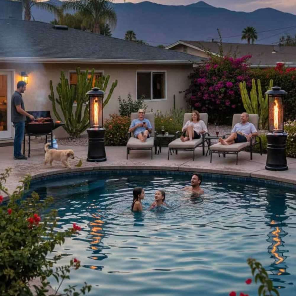 People swim in a backyard pool as two Outdoor Order Axis Collapsible Heater units glow beside the loungers at dusk