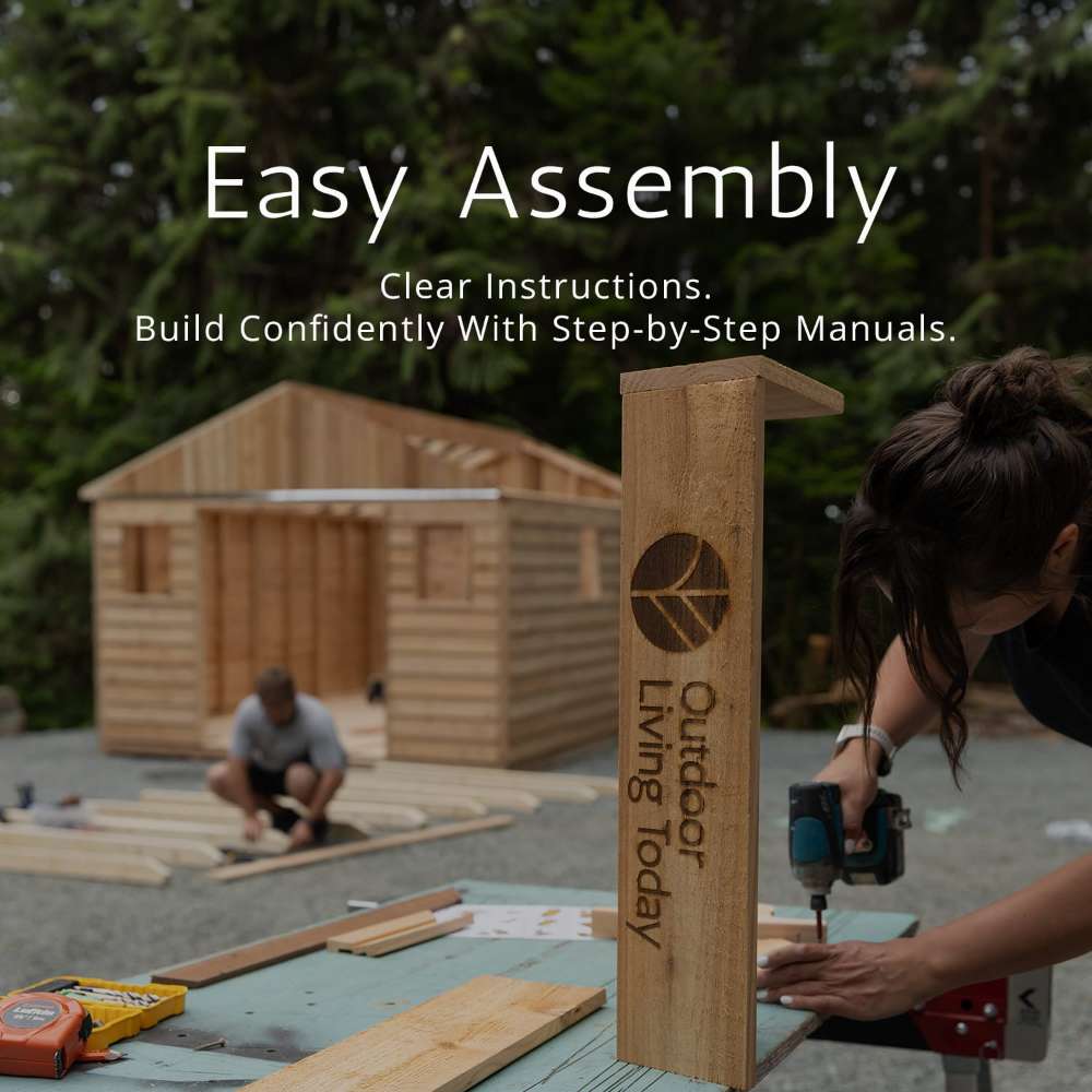 Person assembling wood pieces demonstrates the easy setup of Outdoor Living Today Western Red Cedar 8x5 Grill Gazebo