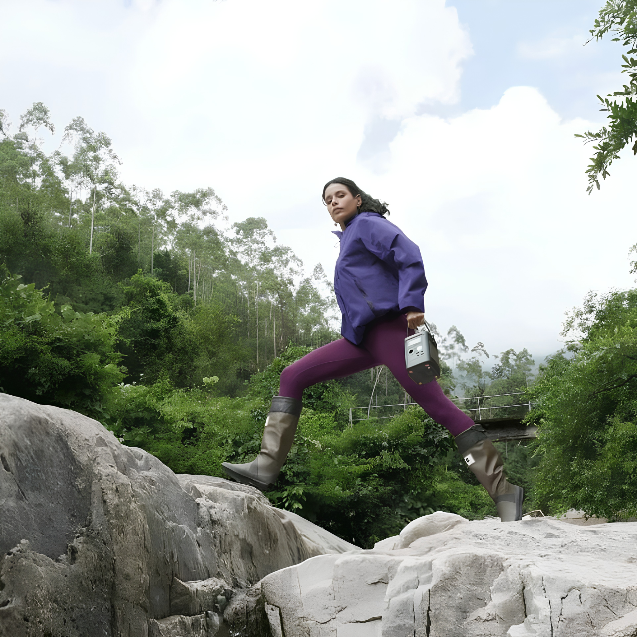 Person carries Jackery Explorer 300D Portable Power Station while walking across large rocks outdoors