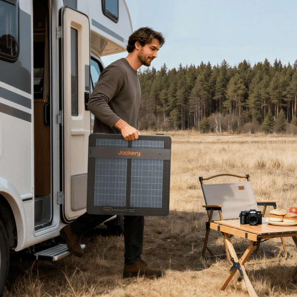 Person carries folded Jackery SolarSaga 100W Air Solar Panel from an RV to an outdoor campsite