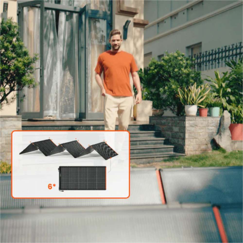 Person walks toward a home while Jackery SolarSaga 500X Solar Panel is set up outdoors, with an inset showing its foldable design
