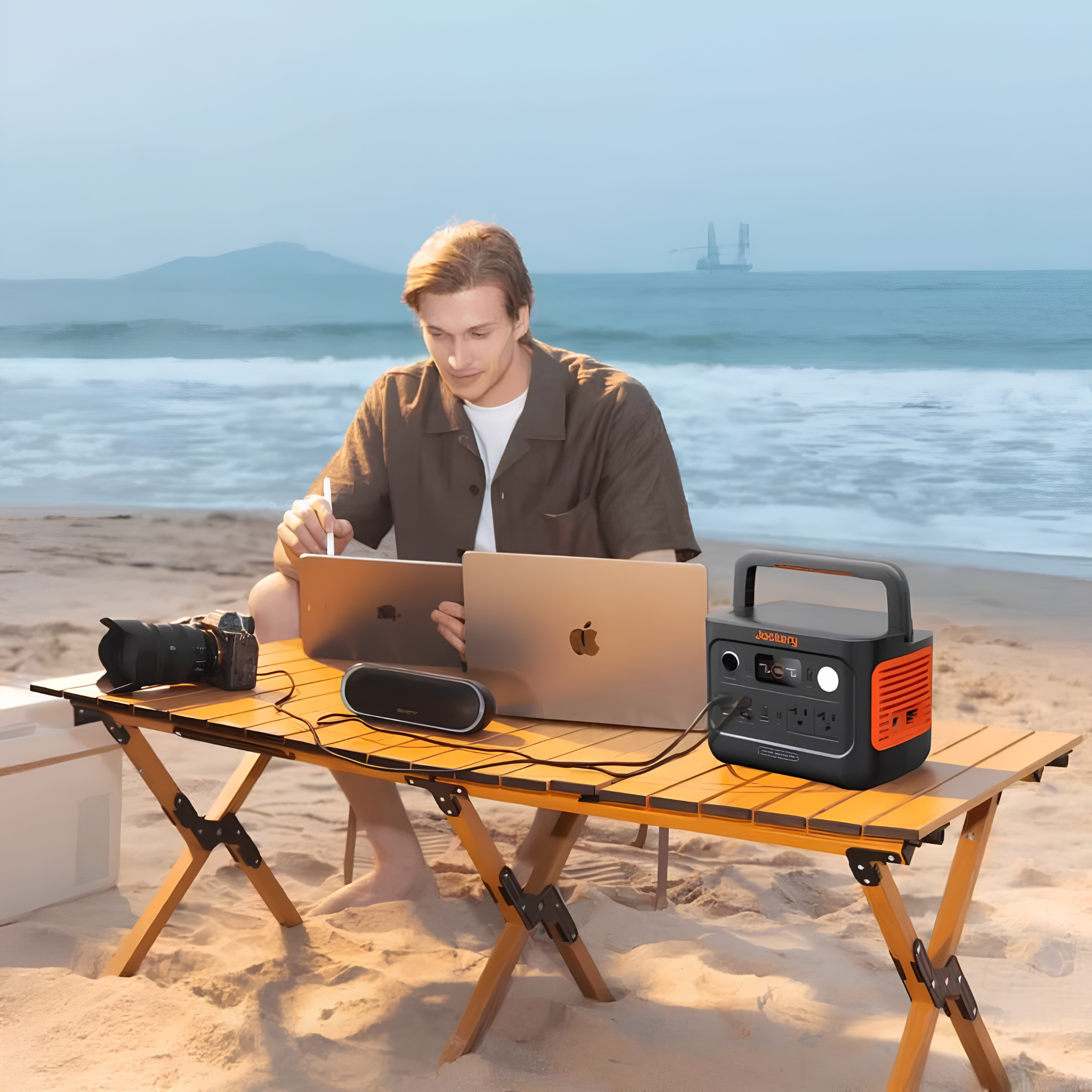 Person works on laptops at the beach while Jackery Explorer 300 v2 Portable Power Station powers devices from a portable table