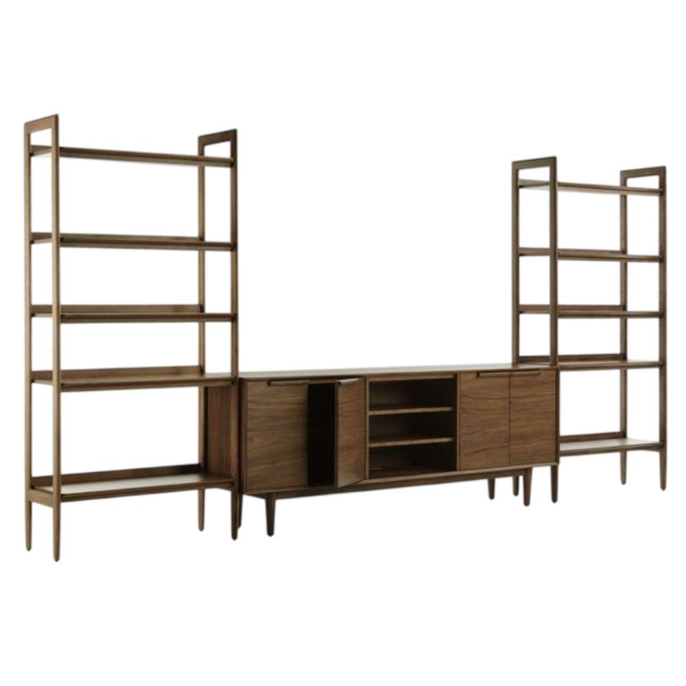Perspective view of Crate & Barrel Tate 124" Walnut Storage Media Console and Bookshelf Set showcasing spacious shelving and enclosed cabinet storage