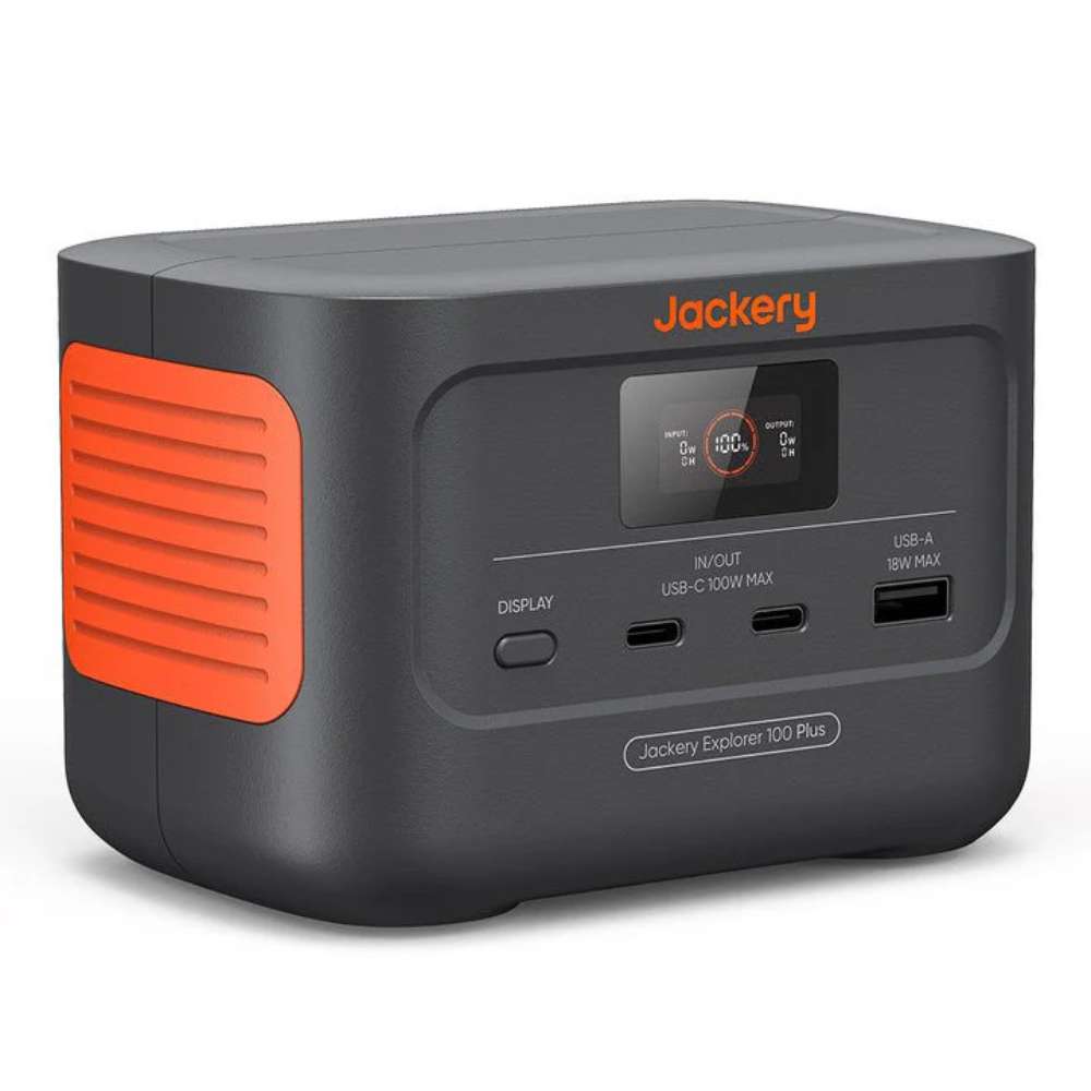 Perspective view of Jackery Explorer 100 Plus Portable Power Station with Mini Carrying Bag featuring its compact design and front charging ports