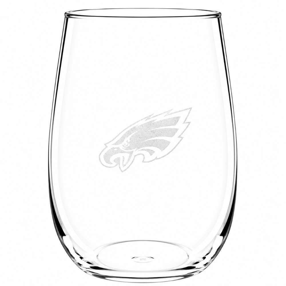 Philadelphia Eagles Crate & Barrel NFL Aspen 17oz Stemless Wine Glass, Set of 4 features a clear stemless glass etched with the Eagles bird-head logo