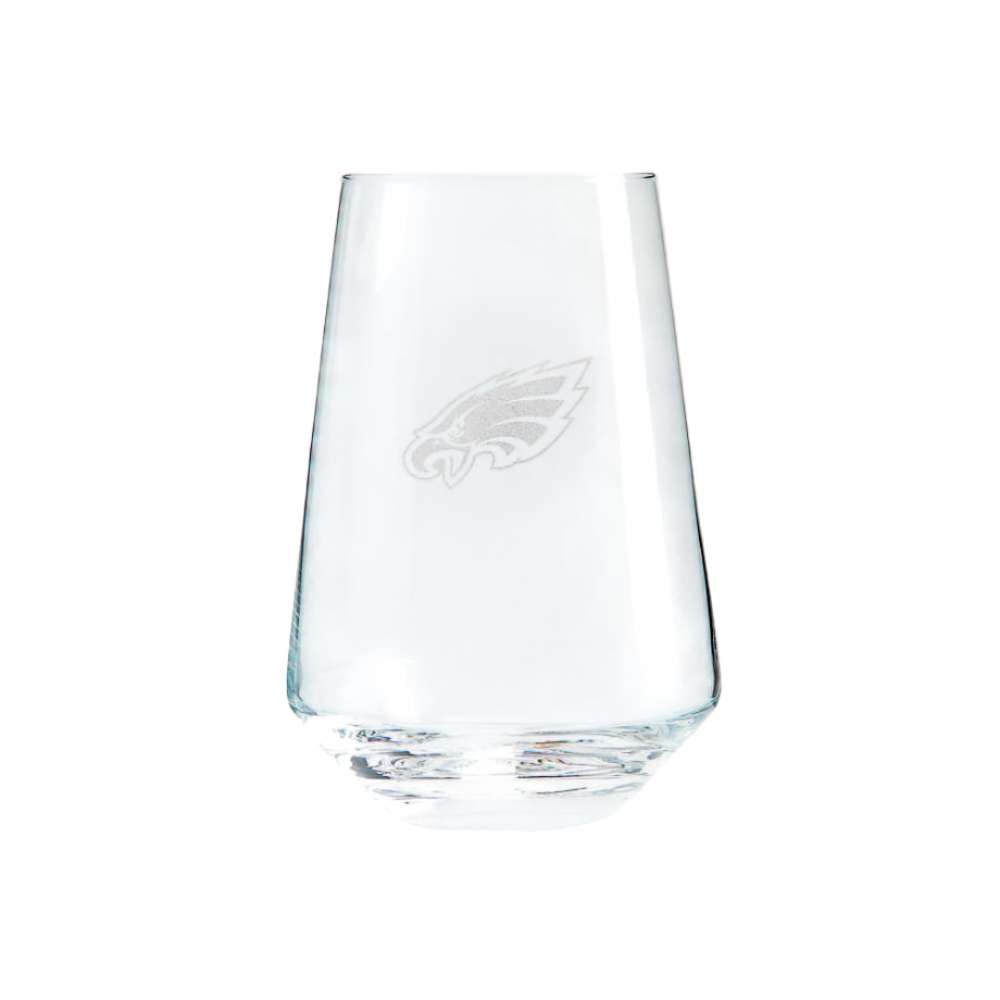 Philadelphia Eagles Crate & Barrel NFL Tour 19oz Stemless Wine Glass, Set of 4 featuring the Eagles bird-head logo etched on clear glass