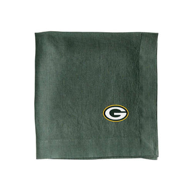Pine green Crate & Barrel European Flax-Certified Linen Napkin, Set of 4 with an embroidered Green Bay Packers logo near the lower right