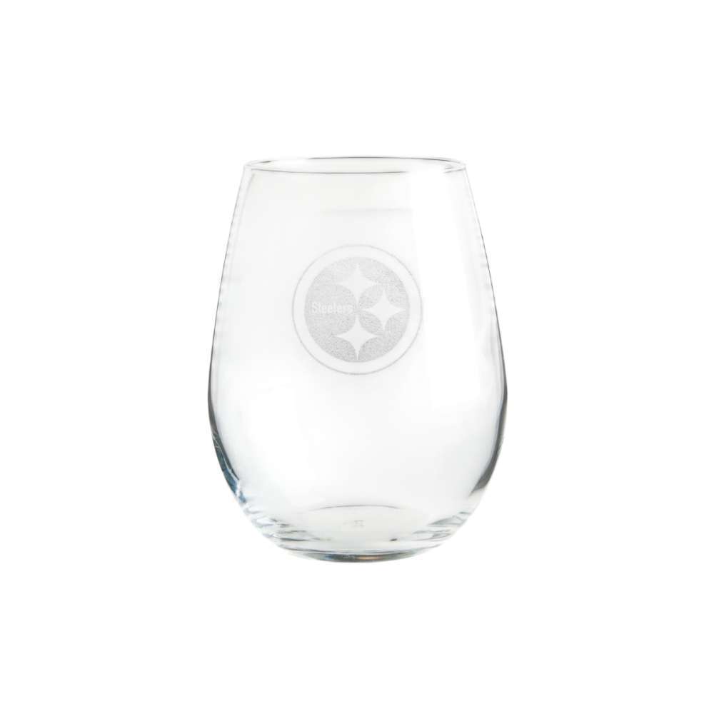 Pittsburgh Steelers Crate & Barrel NFL Aspen 11.75oz Stemless Wine Glass, Set of 4 featuring an etched circular Steelers logo with three diamond shapes on clear glass