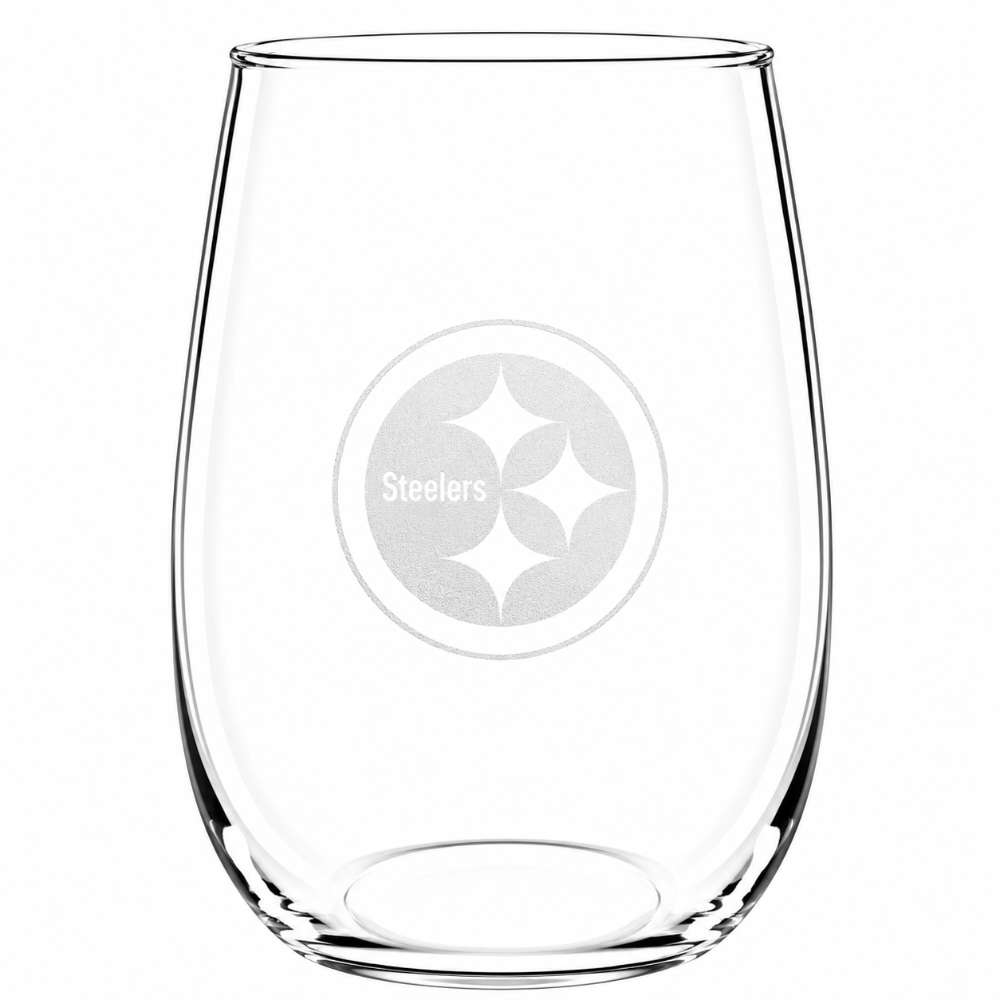 Pittsburgh Steelers Crate & Barrel NFL Aspen 17oz Stemless Wine Glass, Set of 4 features a clear stemless glass etched with the Steelers circular logo and three diamond shapes