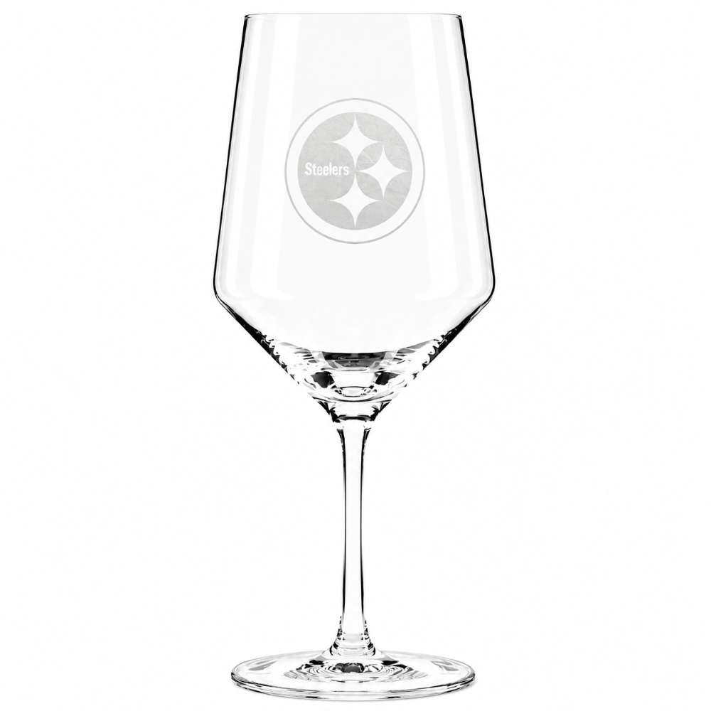 Pittsburgh Steelers Crate & Barrel NFL Tour 18oz Red Wine Glass, Set of 4 featuring the Steelers circular three-diamond logo etched on a clear stemmed wine glass