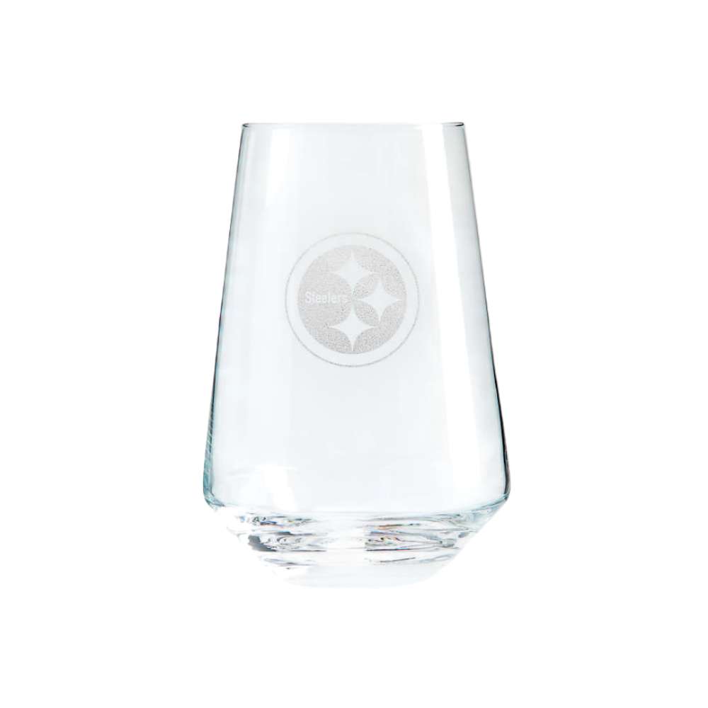 Pittsburgh Steelers Crate & Barrel NFL Tour 19oz Stemless Wine Glass, Set of 4 featuring the Steelers circular three-star logo etched on clear glass