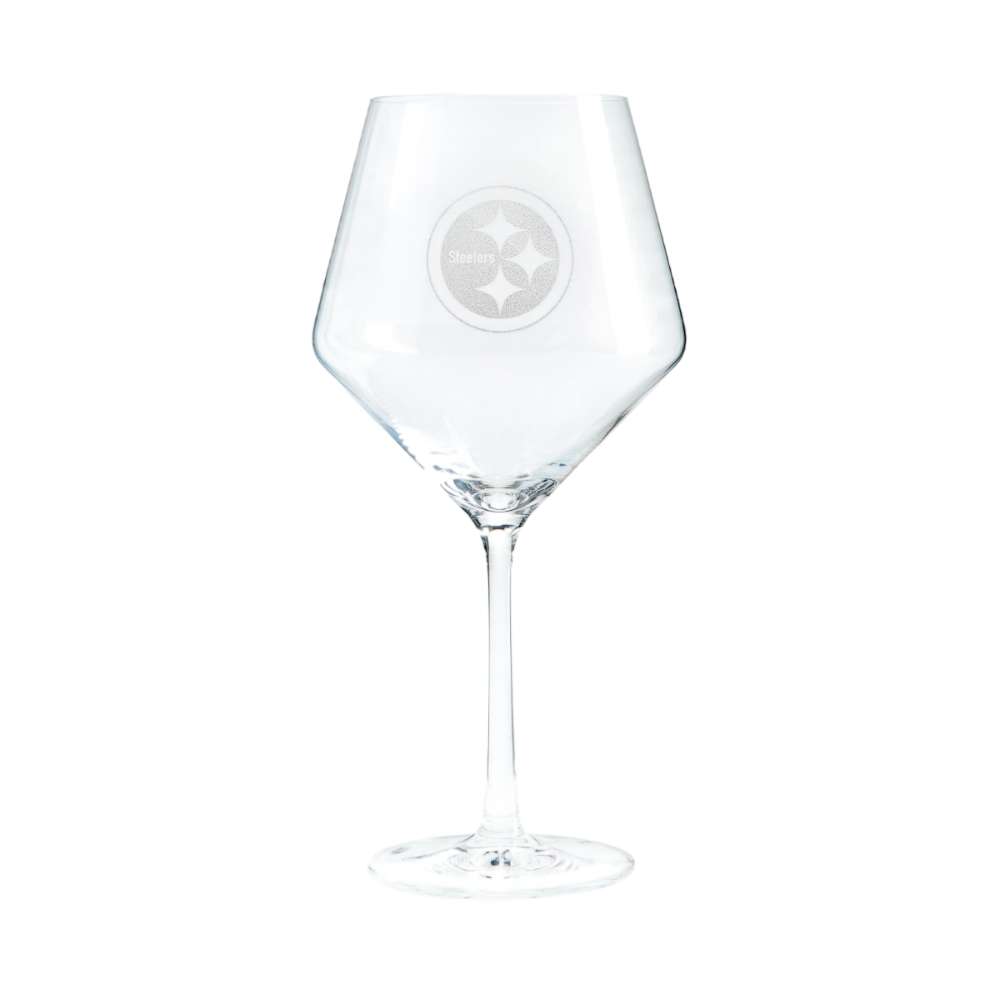 Pittsburgh Steelers Crate & Barrel NFL Tour 24oz Red Wine Glass, Set of 4 featuring the Steelers circular three-star logo etched on a clear stemmed wine glass