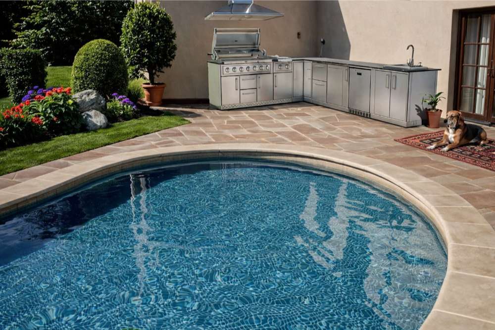 Poolside patio featuring Sunstone Rancher L-Shaped 8′11″ × 11′ Outdoor Kitchen Package near a curved pool and garden