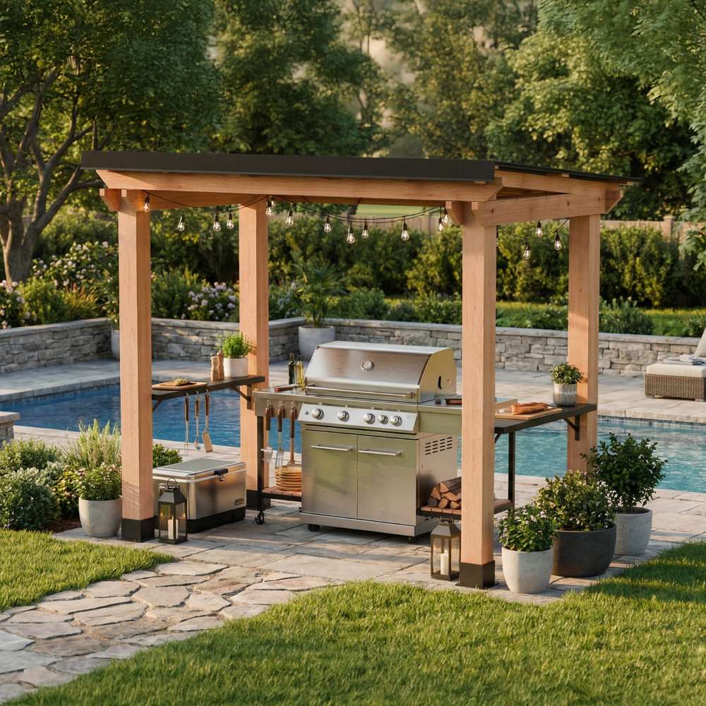Poolside scene features Outdoor Living Today Western Red Cedar 8x5 Grill Gazebo covering a grill with string lights and plants