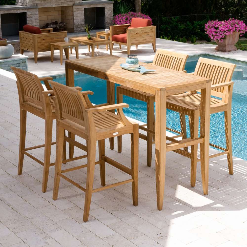 Poolside teak bar table with stools, topped with a plate and candle, from Westminster Teak Laguna 5pc Teak High Bar Set
