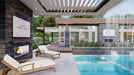 Poolside lounge area at Sawmill Structures The Algonquin Garden Suites features two cushioned chairs facing a fireplace with a rain curtain falling gently from above