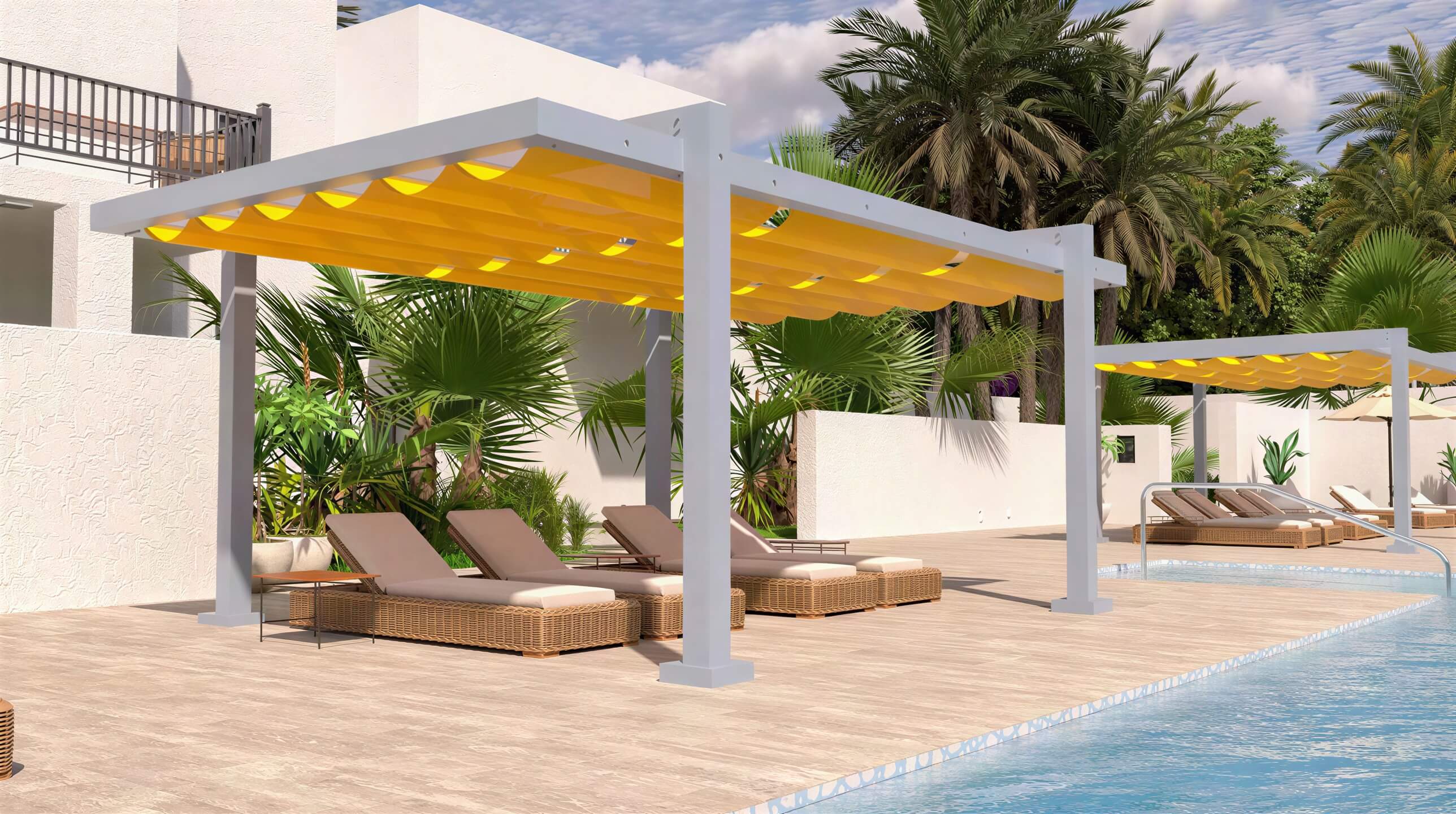 Poolside loungers rest under the bold yellow canopy of a Structureworks Balance Trex Pergola