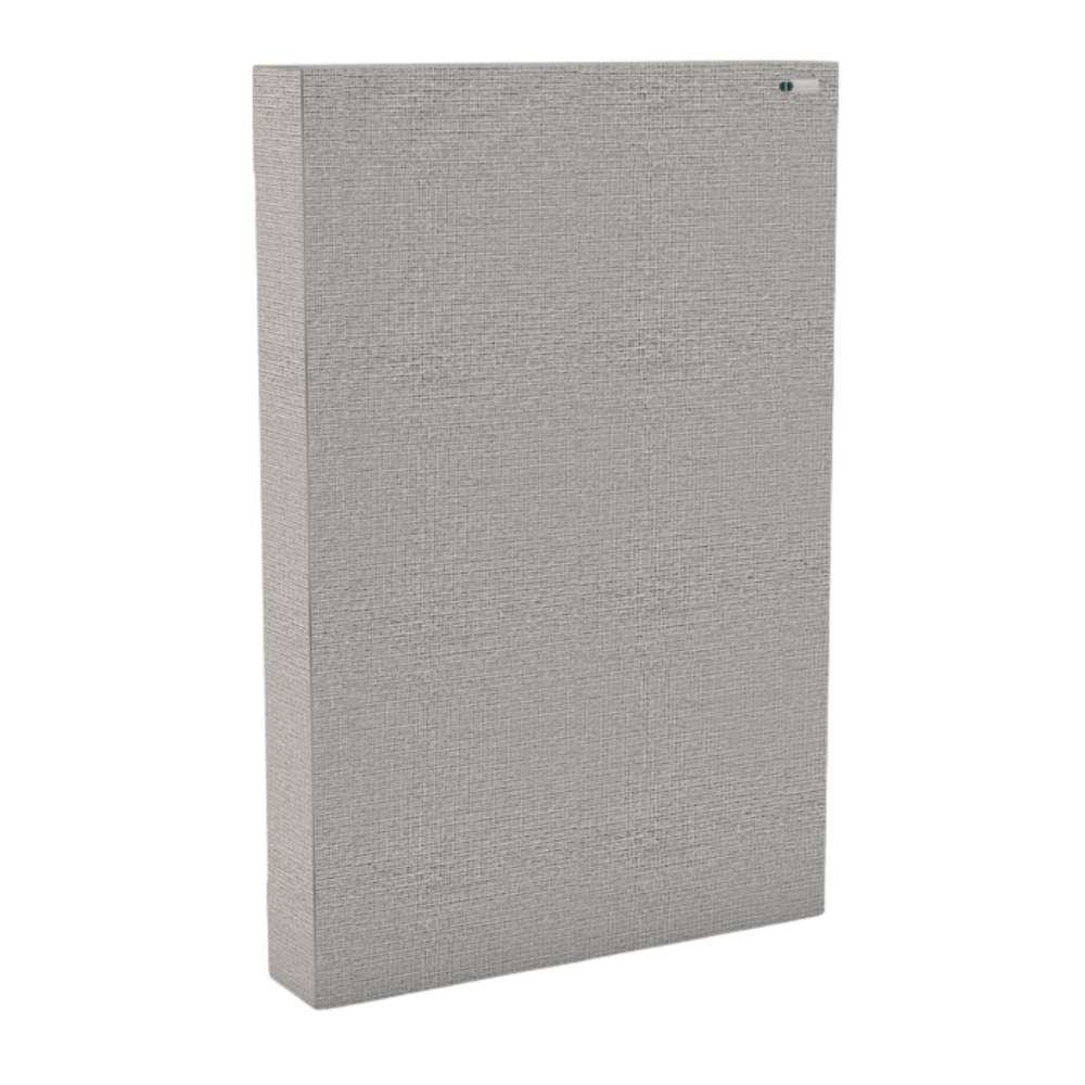 Portrait Glass GIK Acoustics Classic Bass Trap in light gray fabric finish for discreet sound control and acoustic treatment