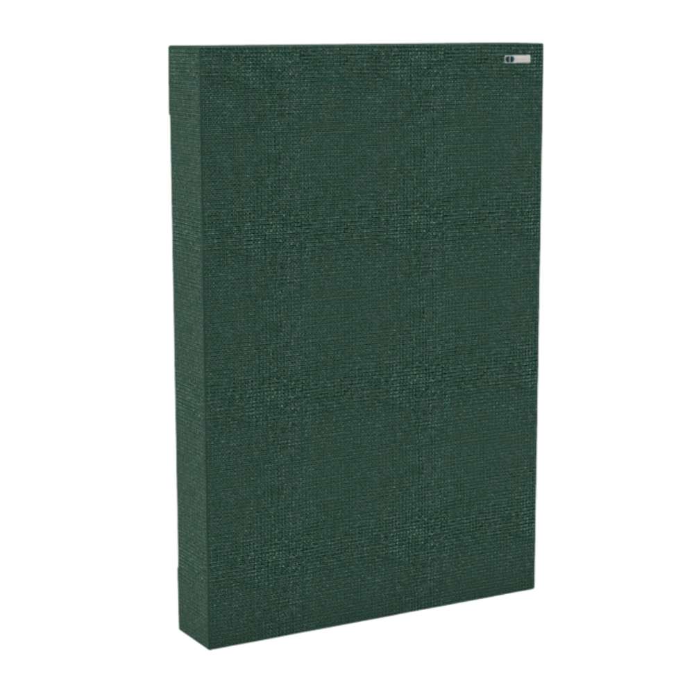 Portrait Lora GIK Acoustics Classic Bass Trap in deep green fabric finish for bass control and acoustic treatment