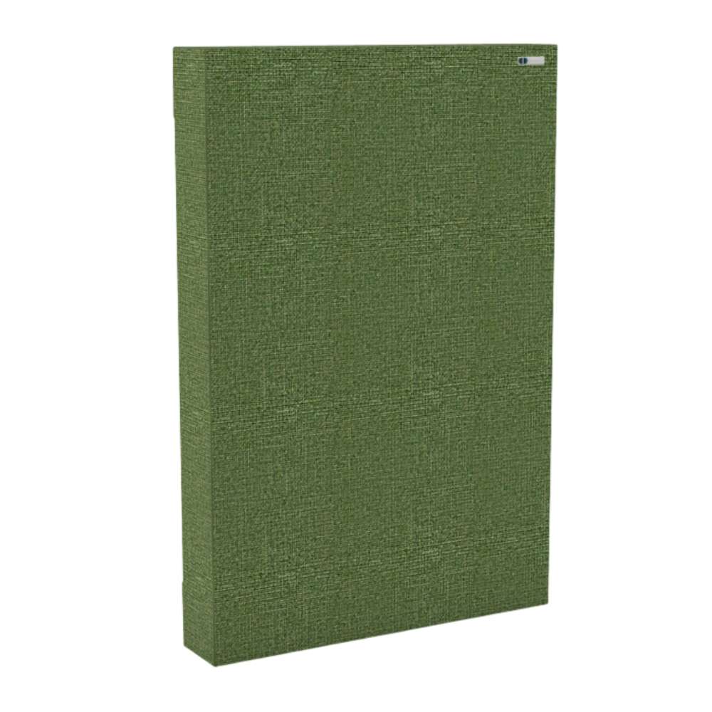 Portrait Staffa GIK Acoustics Classic Bass Trap in green fabric finish for managing bass buildup in audio rooms
