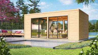 Positioned beside a lake with garden seating, the GardenHouse24 USA Ramsay 70 A ALU Garden Room shines in sunlight with its glass facade and wooden exterior