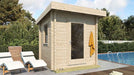 Positioned on a poolside patio, the GardenHouse24 USA Sauna Li 90 Garden Room features a sleek modern wood finish with a yellow towel hanging on its glass door