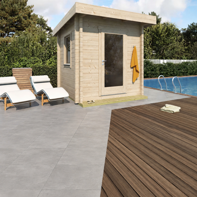 Positioned on a poolside patio, the GardenHouse24 USA Sauna Li 90 Garden Room features a sleek modern wood finish with a yellow towel hanging on its glass door