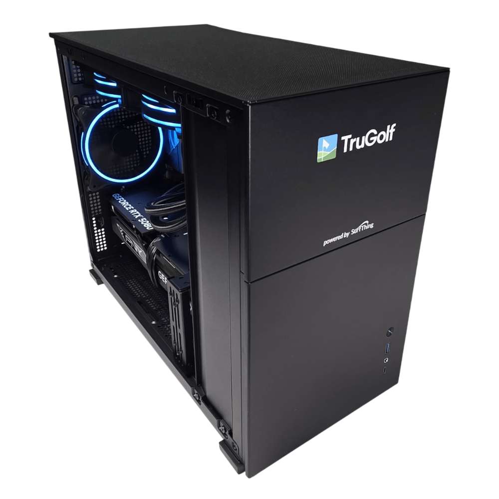 Powerful black computer tower supports TruGolf APOGEE Golf Launch Monitor w/ Starter 10 (2025) Enclosure + Gimme Package