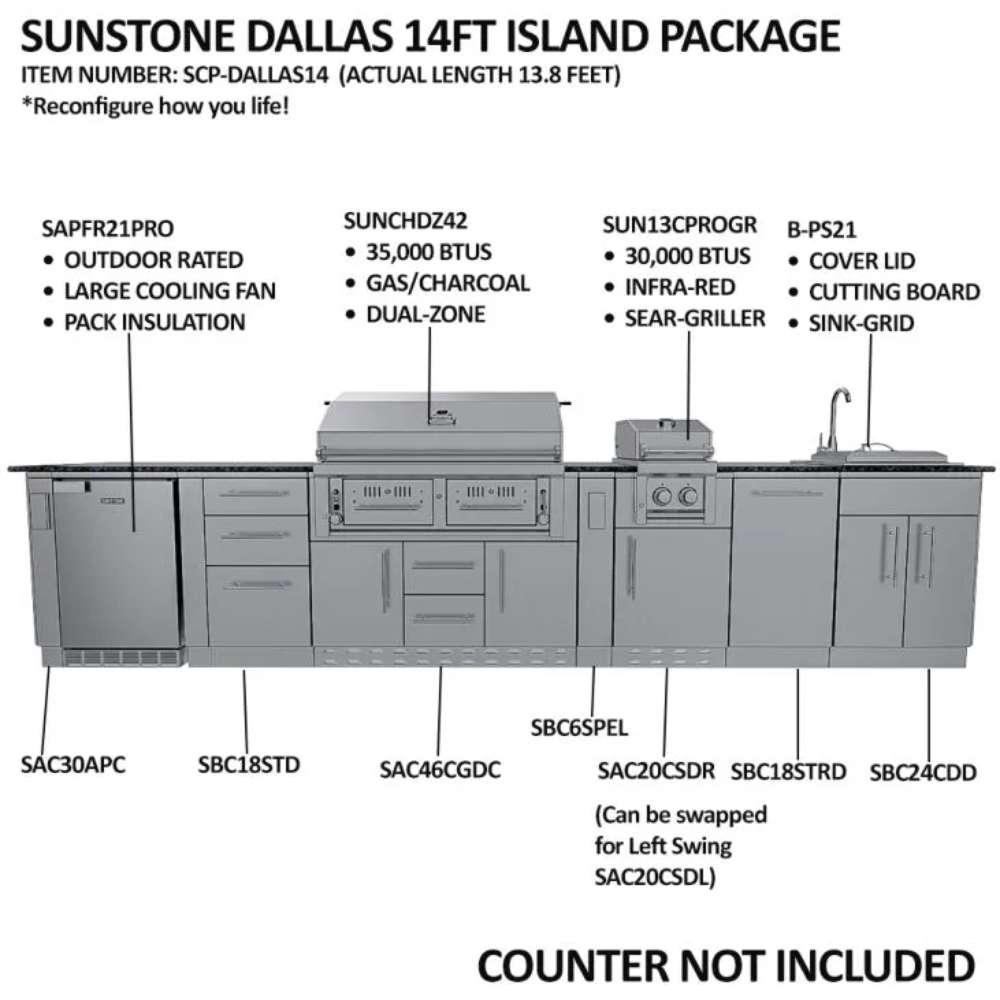 Product diagram of Sunstone Dallas 14ft Outdoor Kitchen Island Package with Gas Hybrid Charcoal Grill showing key features like grill, sink, and storage
