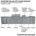 Product diagram of Sunstone Dallas 14ft Outdoor Kitchen Island Package with Gas Hybrid Charcoal Grill showing key features like grill, sink, and storage