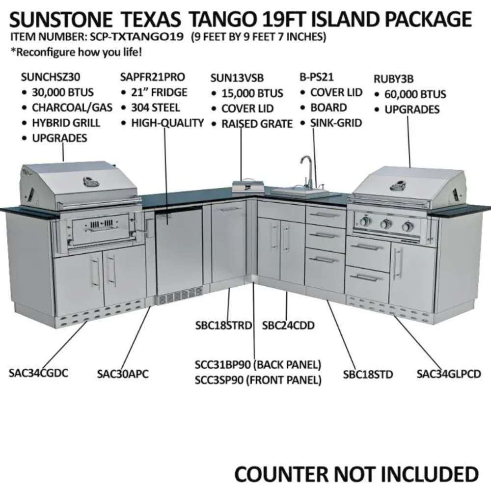 Product diagram showing components of the Sunstone Texas Tango 19ft Outdoor Kitchen Island Package