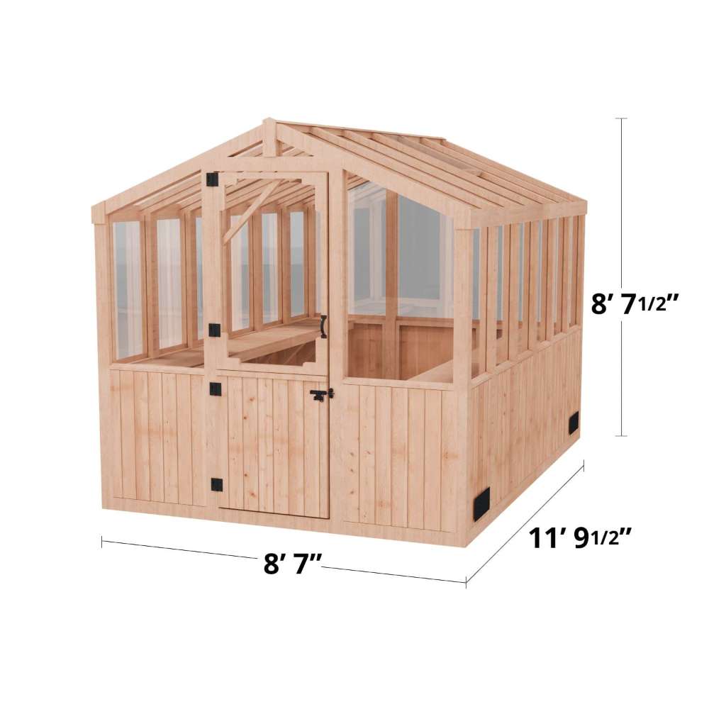Product diagram shows the size and structure of the 8x12 Outdoor Living Today Western Red Cedar Greenhouse Kit with labeled dimensions