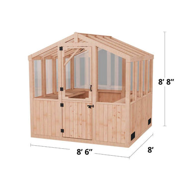 Product diagram shows the size and structure of the 8x8 Outdoor Living Today Western Red Cedar Greenhouse Kit with labeled dimensions